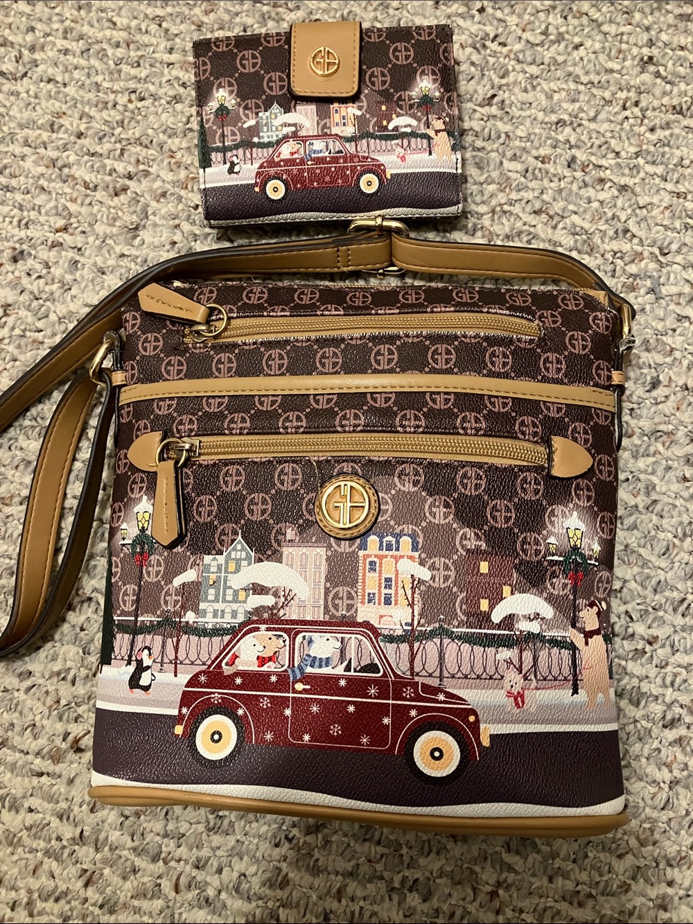 GB Pattern Brown Crossbody Bag with Matching Wallet - Brown